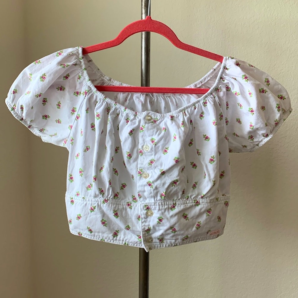 vintage 80s Sz L floral crop top puff sleeve cottagecore prariecore festival